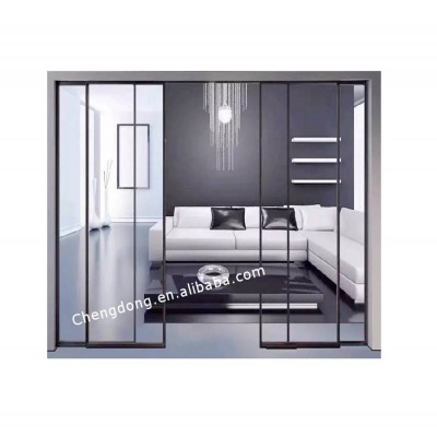 Latest Design Black Frame Soft Closing Synchronized Glass Sliding Door